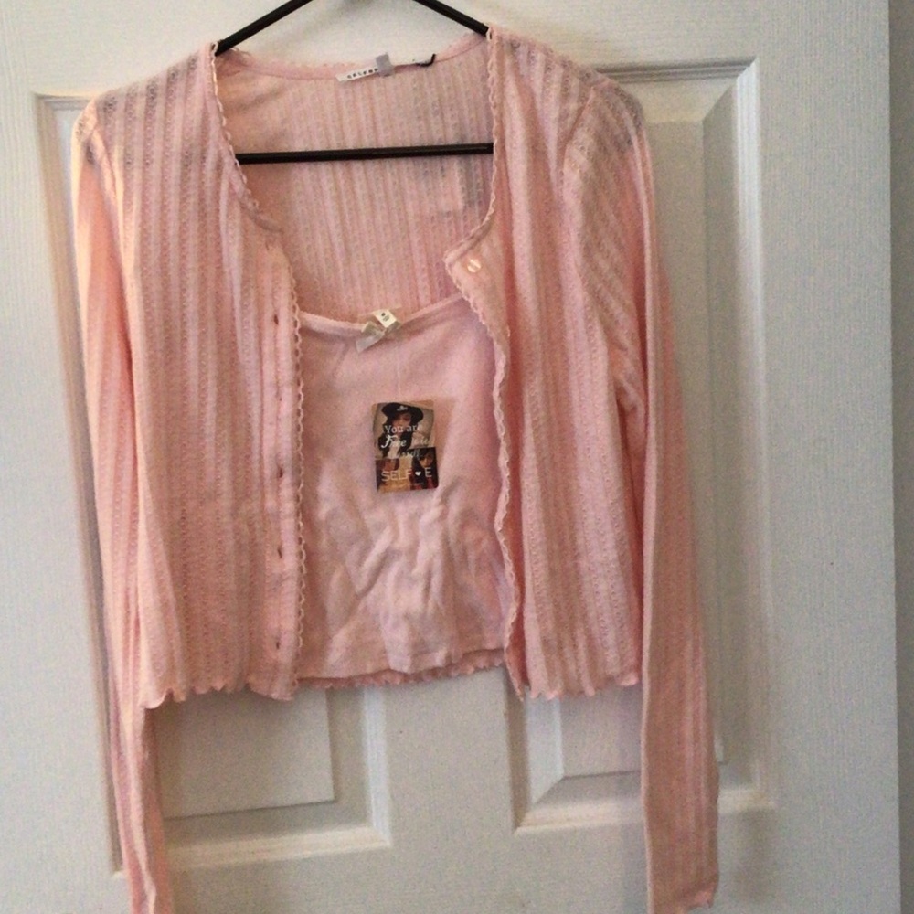 Girls Lightweight Pink Ribbed Cardigan and Tank Set
